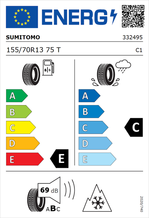 Tyre Label for Sumitomo WT200 155/70R13 75T