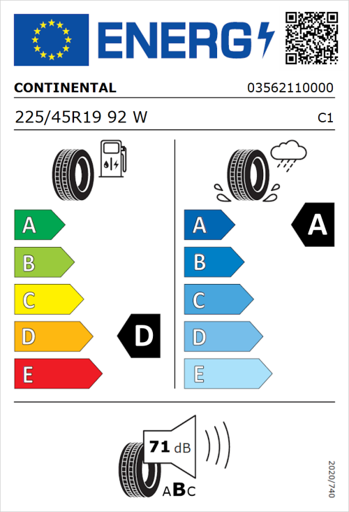Tyre Label for Continental ContiSportContact 5 225/45R19 92W