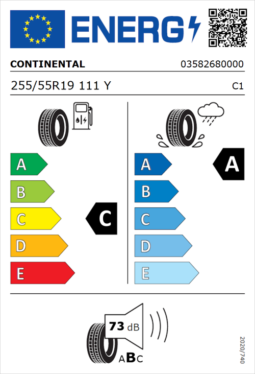 Tyre Label for Continental ContiSportContact 5 255/55R19 111Y