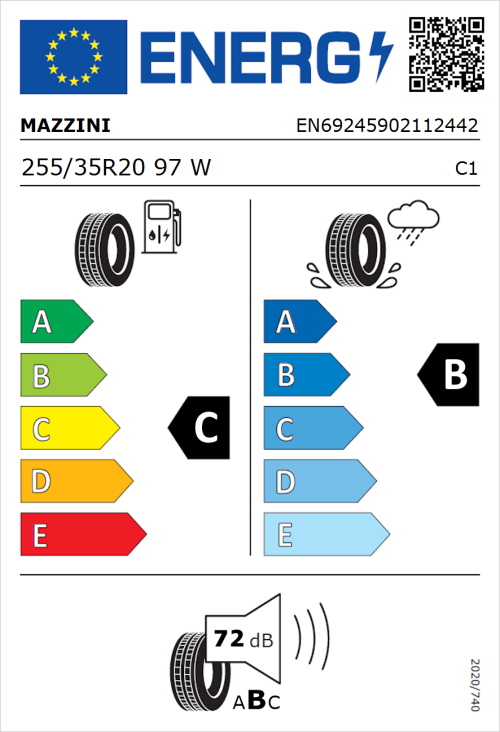 Tyre Label for Mazzini Eco 607 255/35R20 97W