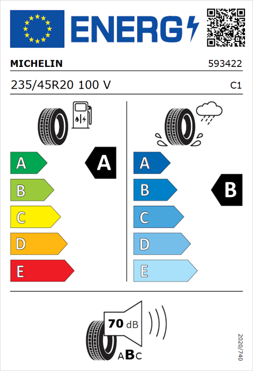 Tyre Label for Michelin e.primacy 235/45R20 100V