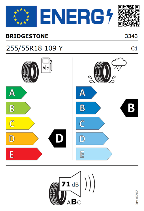 Tyre Label for Bridgestone Dueler H/P Sport 255/55R18 109Y