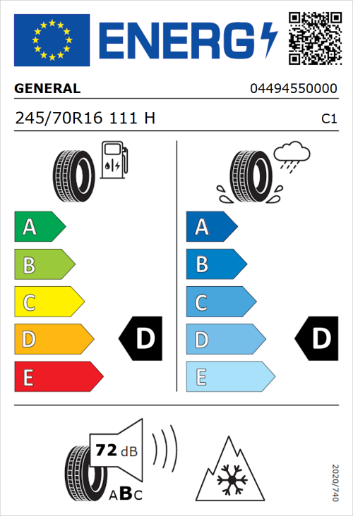 Tyre Label for General Grabber AT 3 245/70R16 111H