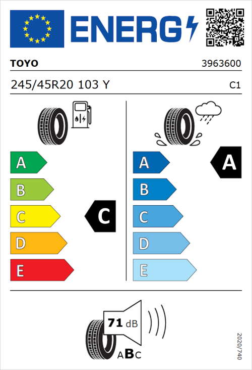 Tyre Label for Toyo Proxes Sport 245/45R20 103Y